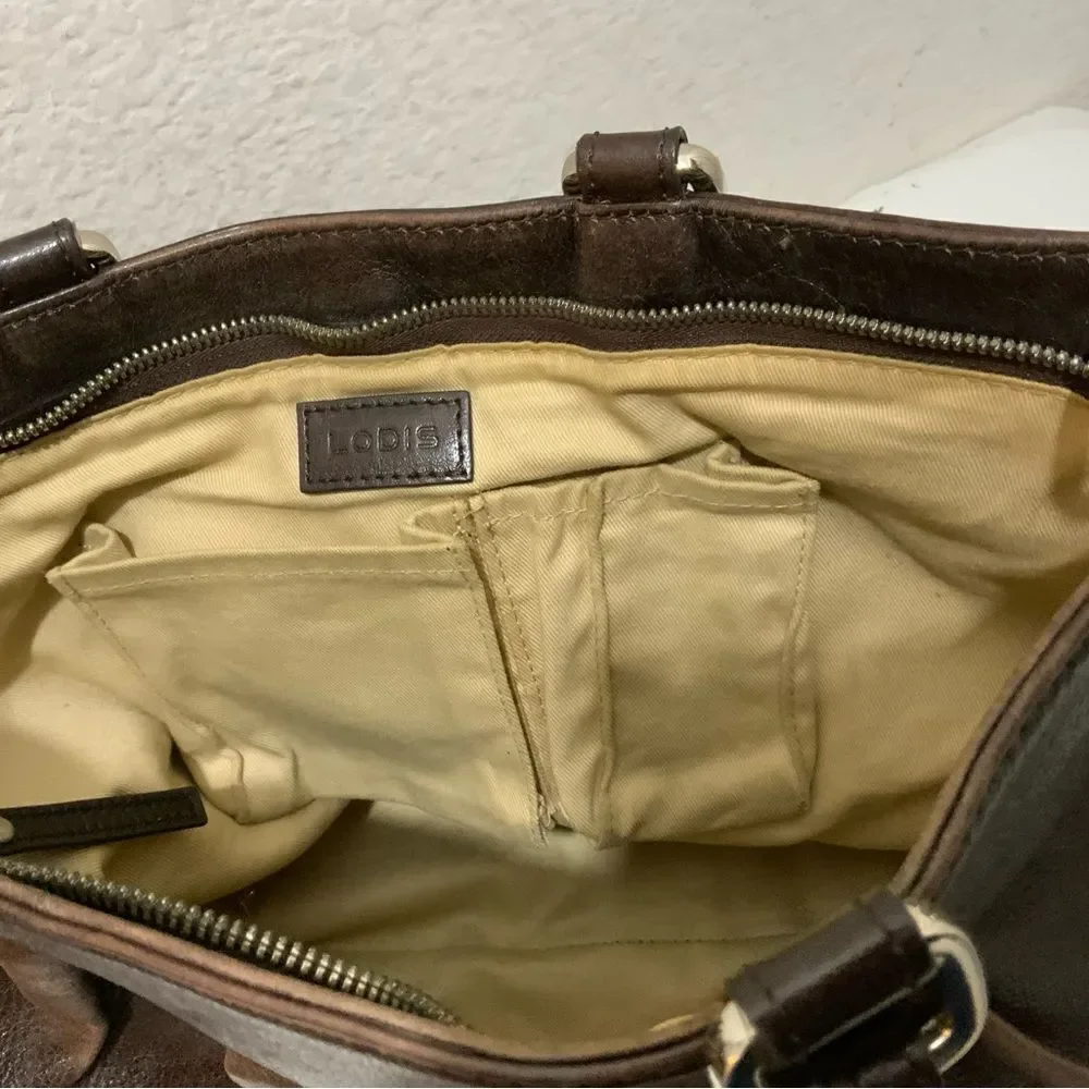 Lodis handbag double handles zip top pleated front brown